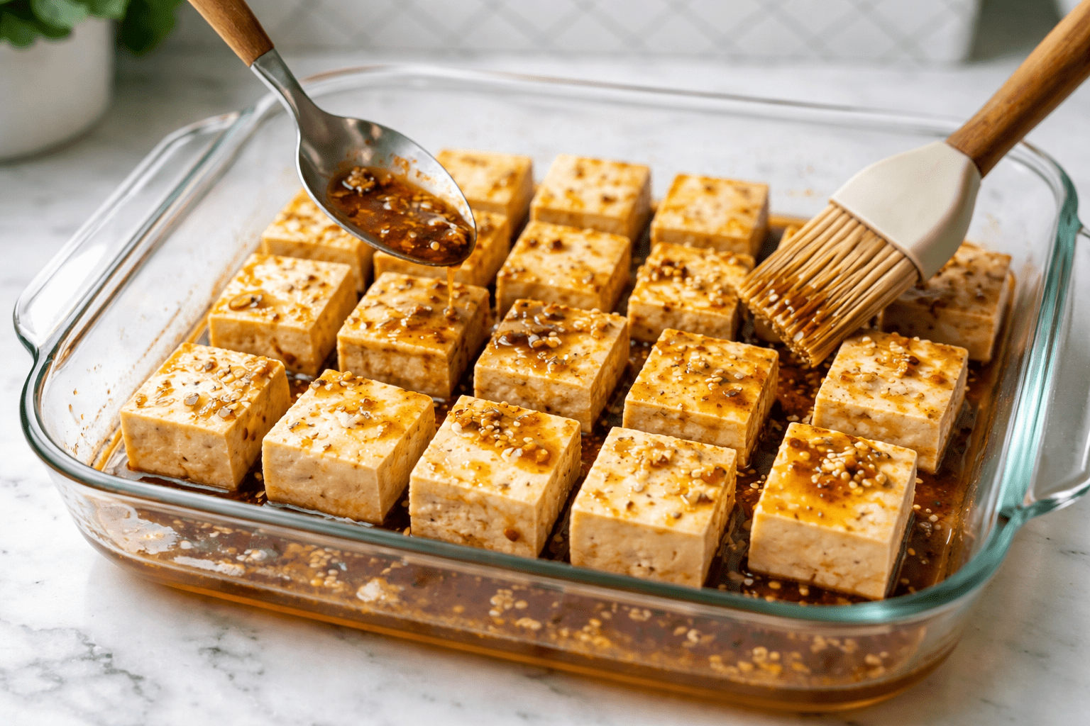 Close overhead shot of tofu pieces laid in a single layer in a shallow glass dish, marinade being spooned and brushed lightly over the surface so pieces are coated but not submerged, marinade pooling thinly at the bottom, set on a white marble countertop in a green-cabinet kitchen with white elongated hex tile backsplash, photo-realistic, natural color, high dynamic range, 50mm lens equivalent, shallow depth of field highlighting the glossy coating, no text