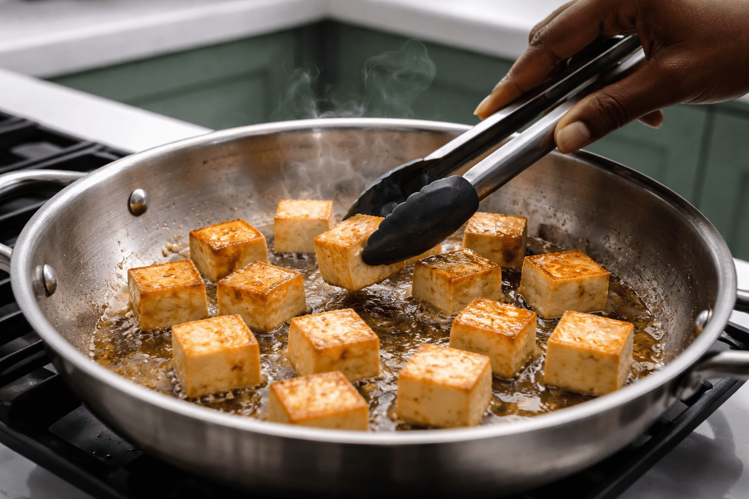 Close-up of tofu cubes searing in a stainless steel skillet, golden-brown crust forming on the underside, small wisps of steam rising, oil lightly shimmering, a 30-year-old dark-skinned woman’s hand (no face visible) holding tongs turning one piece, set on a white marble countertop with green cabinets and white elongated hex tile backsplash in background, photo-realistic, natural color, high dynamic range, 50mm lens equivalent, shallow depth of field, no logos or text