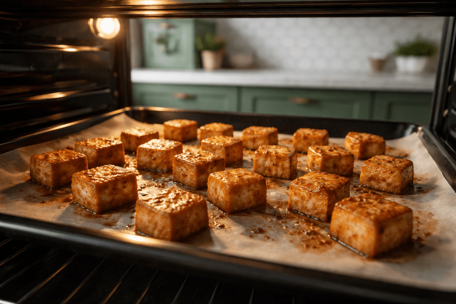 Oven interior perspective of marinated tofu cubes spaced apart on a lined sheet pan, edges visibly browning and caramelizing, slight sizzling sheen, warm oven light contrasting with the green-cabinet kitchen visible beyond, white marble countertop and white elongated hex tile backsplash in background, photo-realistic, natural color, high dynamic range, 35mm lens equivalent, shallow depth of field focused on crisp edges, no text