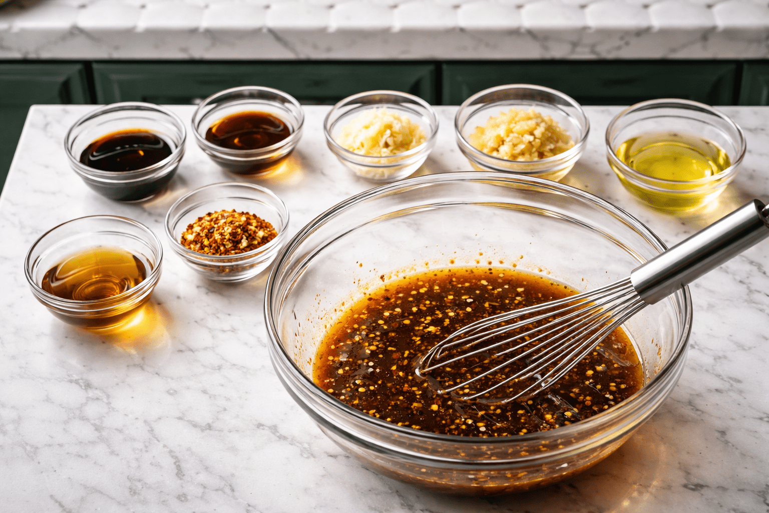 Overhead close-up of a white marble countertop in a green-cabinet kitchen with a white elongated hex tile backsplash, small glass bowls arranged neatly containing soy sauce, dark sesame oil, maple syrup, grated garlic, grated ginger, rice vinegar, crushed red pepper, and neutral oil, a whisk resting in a mixing bowl with the marinade partially mixed, rich liquid textures and reflections visible, photo-realistic, natural color, high dynamic range, 35mm lens equivalent, shallow depth of field focused on the glossy marinade surface, no readable labels, no text