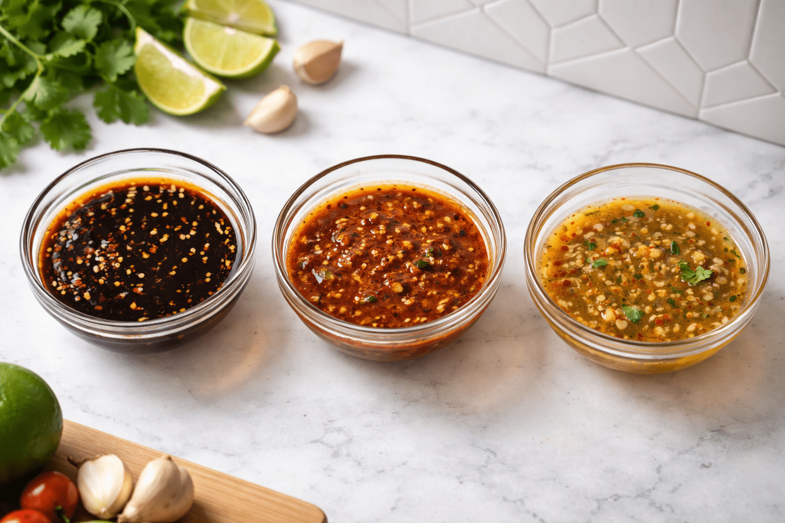 Overhead comparison shot on a white marble countertop in a green-cabinet kitchen with white elongated hex tile backsplash showing three small glass bowls of different marinade variations—one darker soy-based, one reddish with miso or chili paste blended in, one lighter golden coconut aminos and lime based—each with distinct color and viscosity, clean minimal styling, photo-realistic, natural color, high dynamic range, 35mm lens equivalent, shallow depth of field, no readable labels, no text