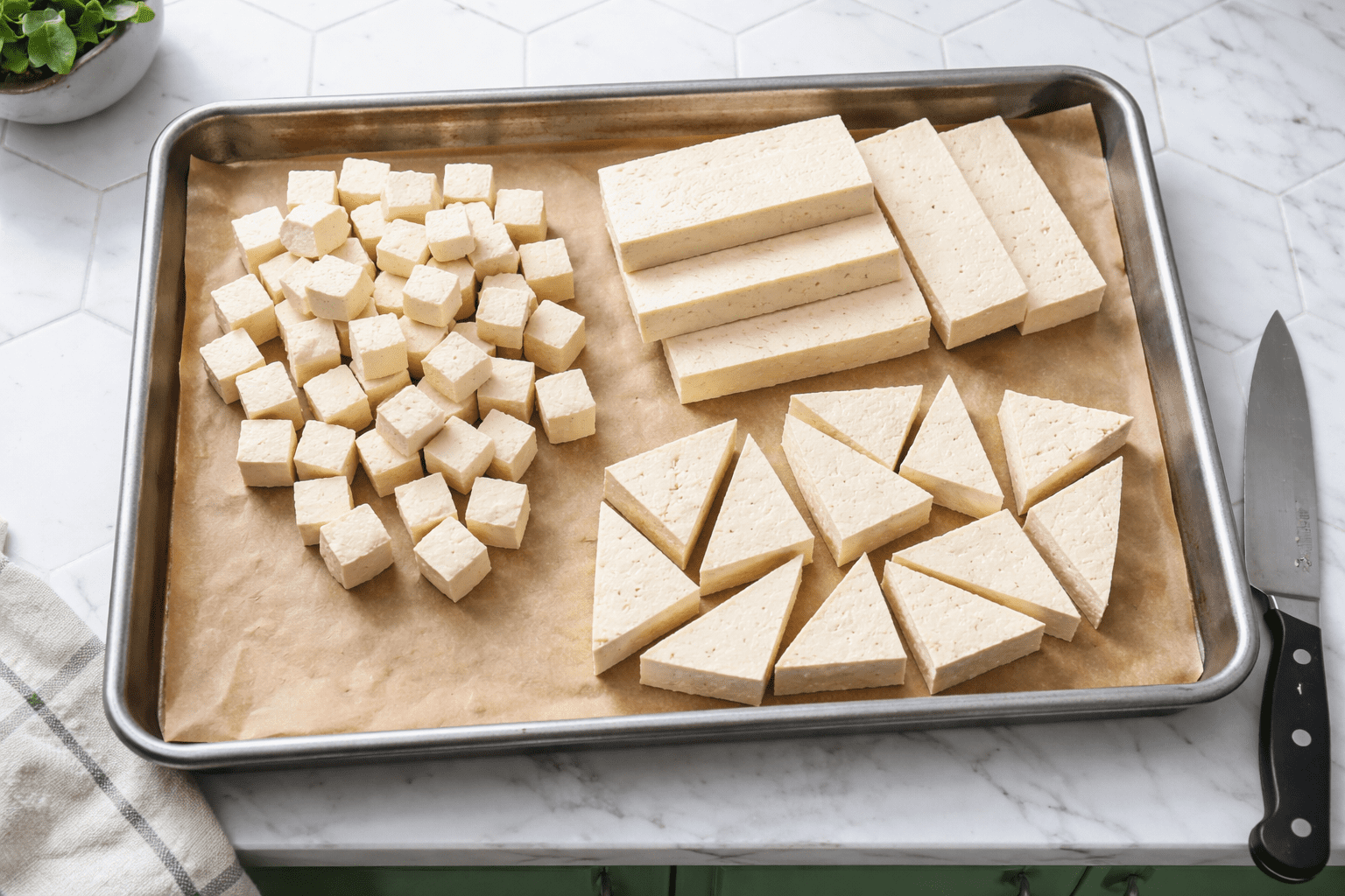 Overhead view of pressed extra-firm tofu cut three ways—uniform cubes, thick slabs, and neat triangles—arranged on a parchment-lined tray on a white marble countertop in a green-cabinet kitchen with white elongated hex tile backsplash, knife resting nearby, clean precise cuts showing firm texture, photo-realistic, natural color, high dynamic range, 35mm lens equivalent, moderate depth of field, no text