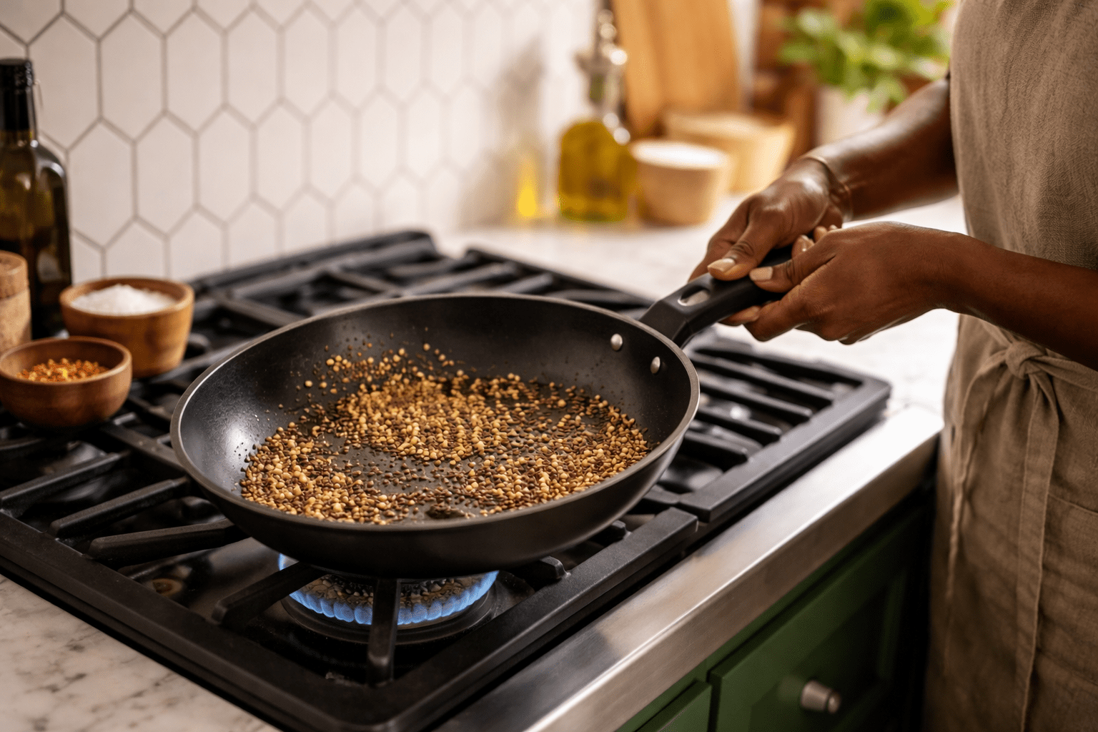 Photo-realistic action shot of a dark-skinned woman’s hands shaking a dry skillet to toast whole spices over a stovetop, no face visible, green kitchen cabinets, white elongated hex tile backsplash, white marble countertop, cumin and coriander seeds mid-toast, slight motion blur, natural kitchen lighting, 40mm lens