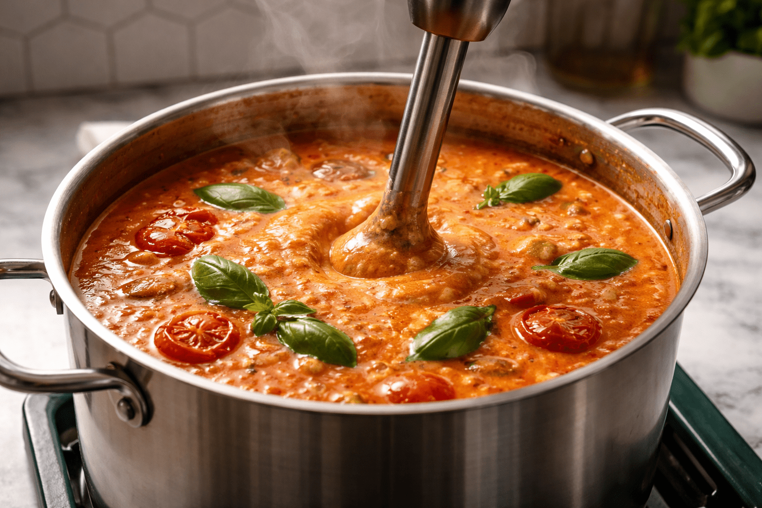 Photo-realistic close-up of a pot of creamy tomato basil soup being blended with an immersion blender, visible roasted tomatoes and basil leaves in the mixture, rich red color and glossy surface, steam rising, shot at 45-degree angle in the green-cabinet kitchen with white hex tile backsplash and white marble countertop, soft natural light, 35mm lens, high texture detail, no text or labels