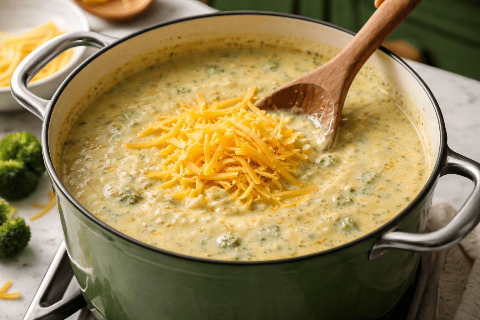 Photo-realistic close-up of broccoli cheddar soup in a pot just after blending, with shredded sharp cheddar being stirred in off heat so it melts smoothly, creamy thick texture visible, wooden spoon mid-stir, set on white marble countertop in green-cabinet kitchen, warm soft lighting, shallow depth of field, 35mm lens, no readable packaging, no text