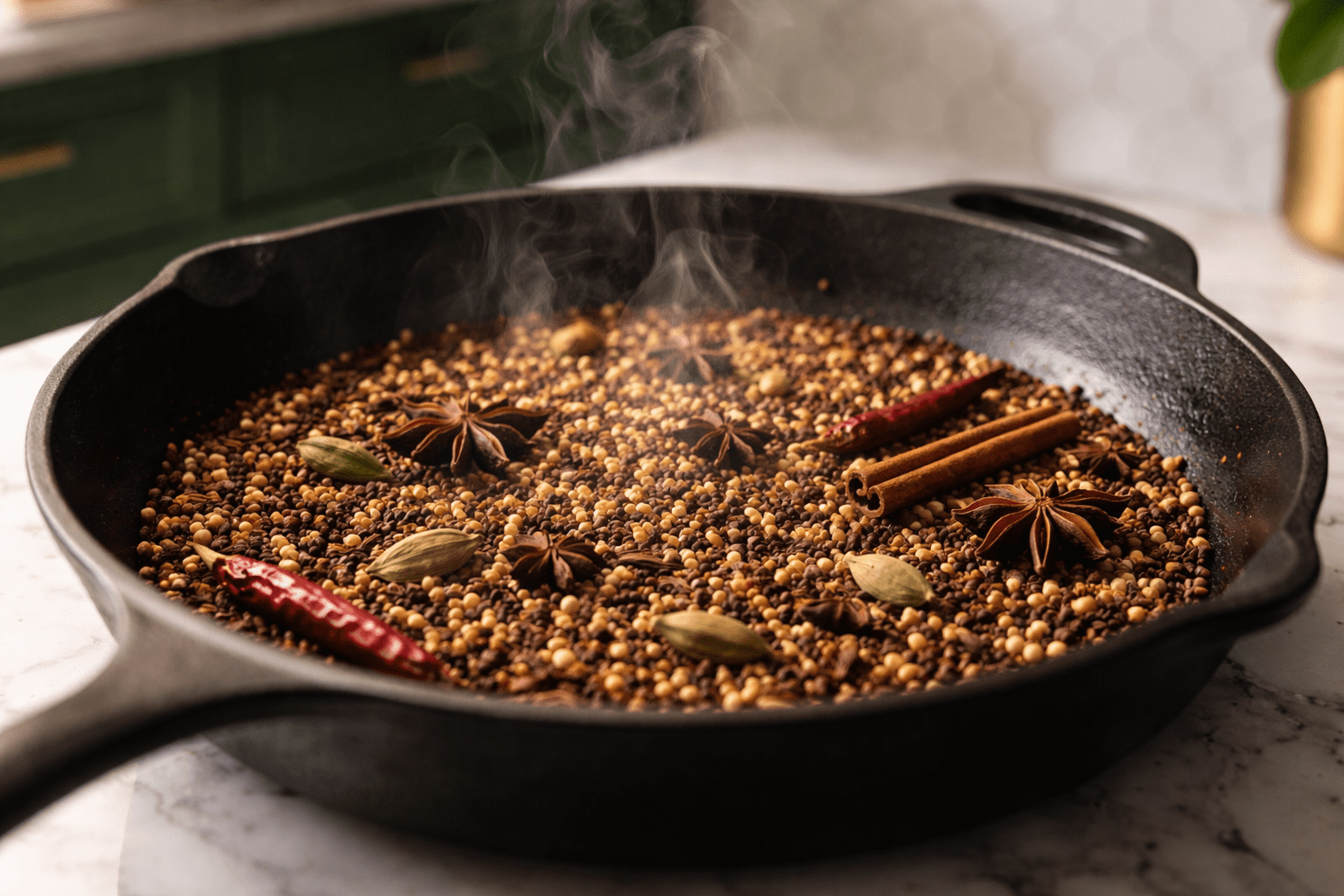 Photo-realistic close-up of toasted spices in a pan showing color change and sensory cues, spices slightly darkened and aromatic with faint steam rising, no burning, no text, skillet centered on white marble countertop, green cabinets and white hex tile backsplash softly out of focus, warm lighting, shallow depth of field, 45mm lens