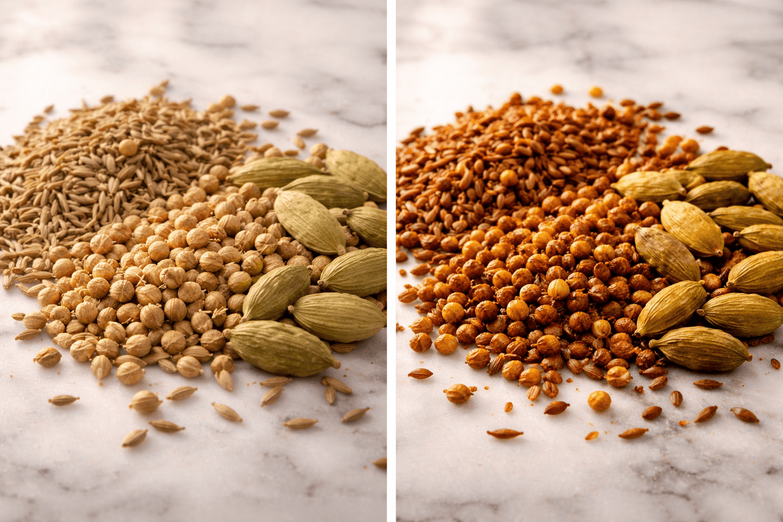 Photo-realistic close-up of whole spices before and after toasting side-by-side on a white marble countertop, raw pale cumin, coriander, and cardamom on the left and lightly browned, glossy toasted spices on the right, warm natural light, shallow depth of field, no text, no labels, crisp texture detail, 35mm lens equivalent