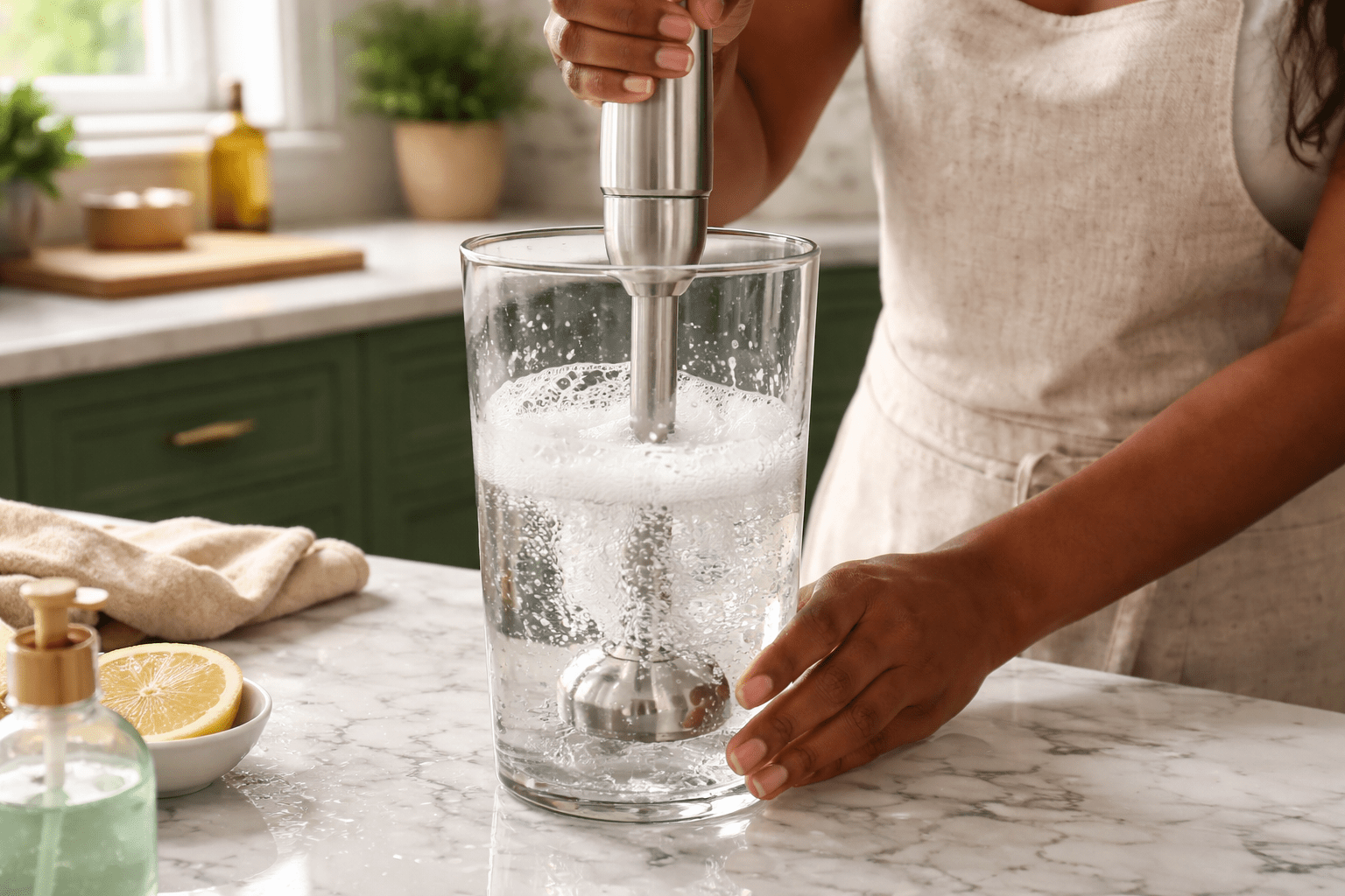 Photo-realistic image of cleaning an immersion blender: a tall clear container filled with warm soapy water on a white marble countertop in the green-cabinet kitchen, immersion blender running inside creating bubbles and motion in the water, a 30-year-old dark-skinned woman’s hands visible (no face shown), natural daylight, 50mm lens, sharp detail on water splashes and reflections, no logos, no text