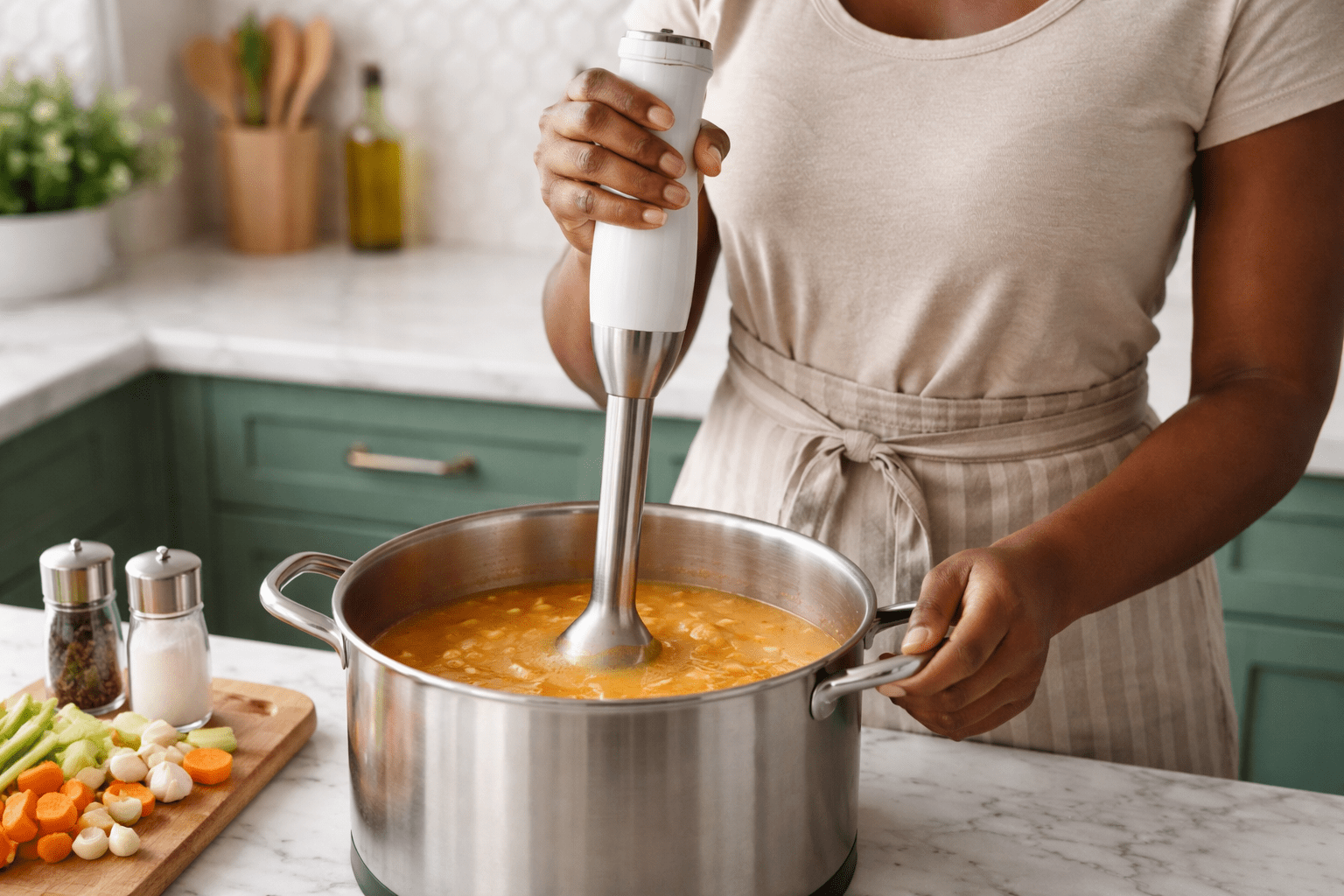 Photo-realistic instructional-style image of a 30-year-old dark-skinned woman (no face shown, torso and hands only) holding an immersion blender fully submerged in soup inside a pot, demonstrating correct technique to prevent splatter, small gentle circular motion visible in the liquid, green-cabinet kitchen background with white elongated hex tile backsplash and white marble countertop, bright natural lighting, 50mm lens, crisp detail, no text, no logos