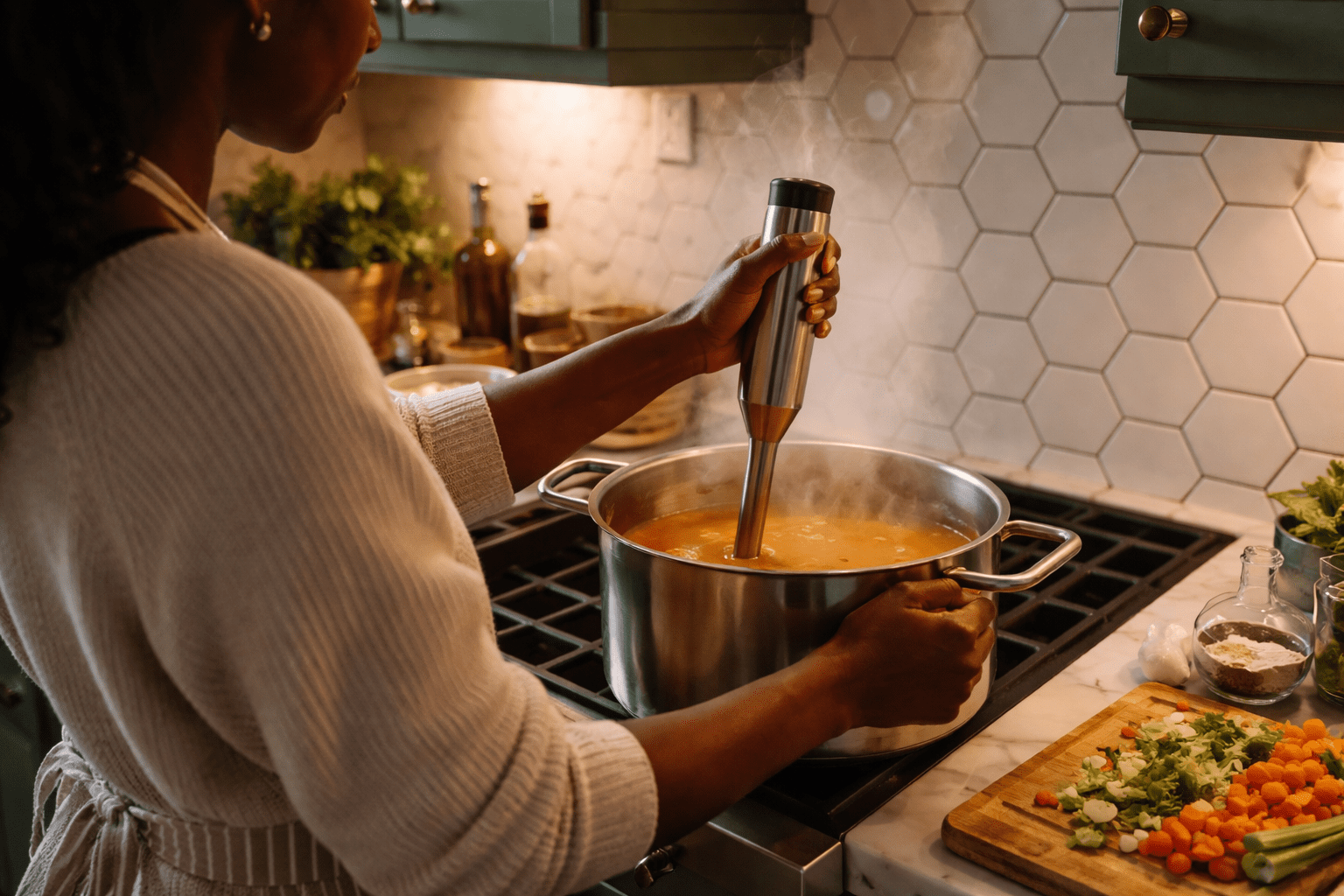 Photo-realistic, natural color, high dynamic range, 35mm lens, medium shot of a 30-year-old dark-skinned woman (no face shown, back/side angle) blending steaming vegetable soup directly in a large stainless steel pot with an immersion blender, steam rising, her other hand steadying the pot, set in a green-cabinet kitchen with white elongated hexagonal tile backsplash and white marble countertop, evening ambient lighting with warm under-cabinet glow, shallow depth of field, detailed soup texture swirling silky smooth, no logos or readable labels, no text in image