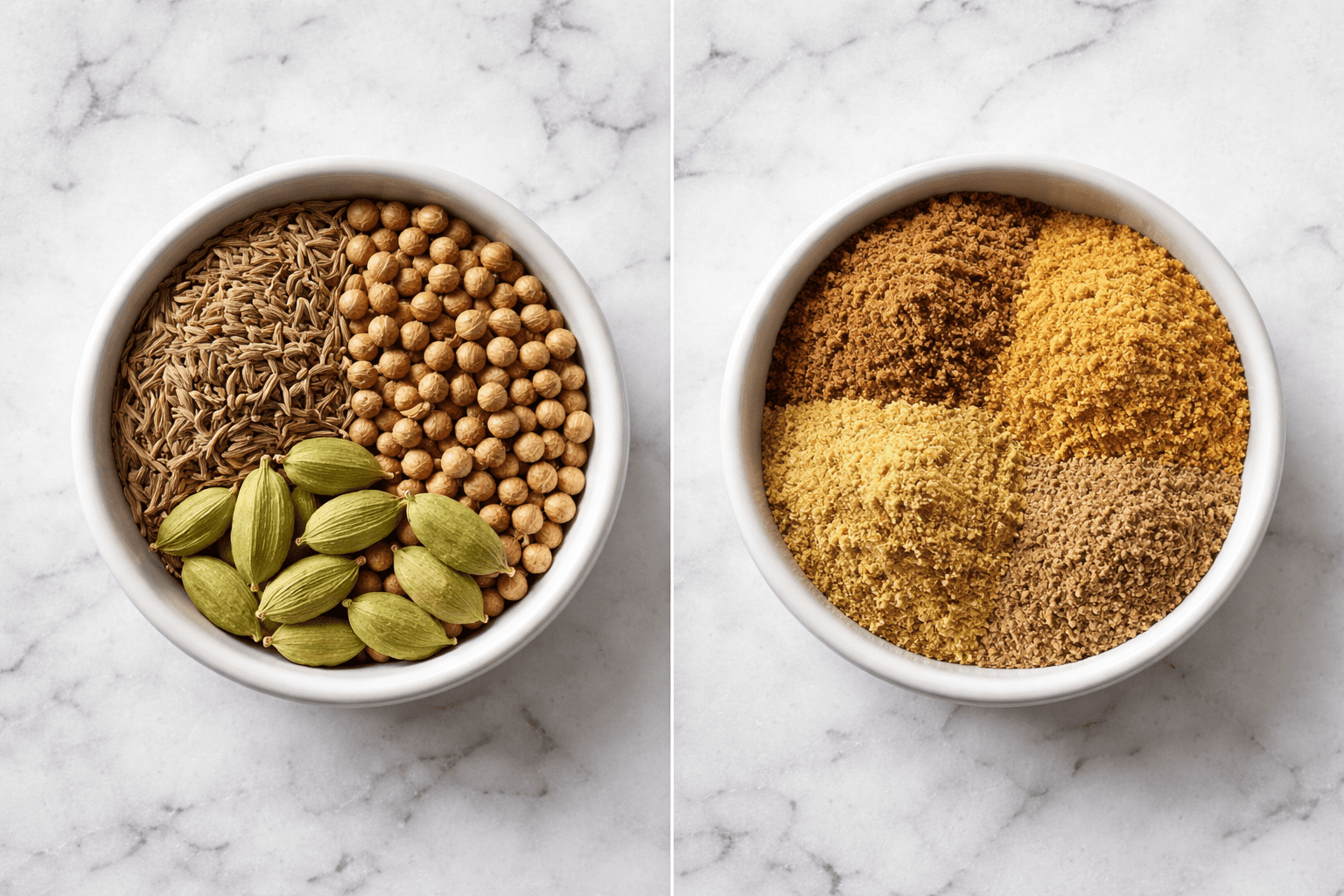 Photo-realistic overhead comparison of whole spices versus ground spices in two separate small ceramic bowls on a white marble countertop, whole cumin, coriander, and cardamom pods contrasted with finely ground spices, neutral natural light, sharp texture detail, no text, no labels, 35mm lens