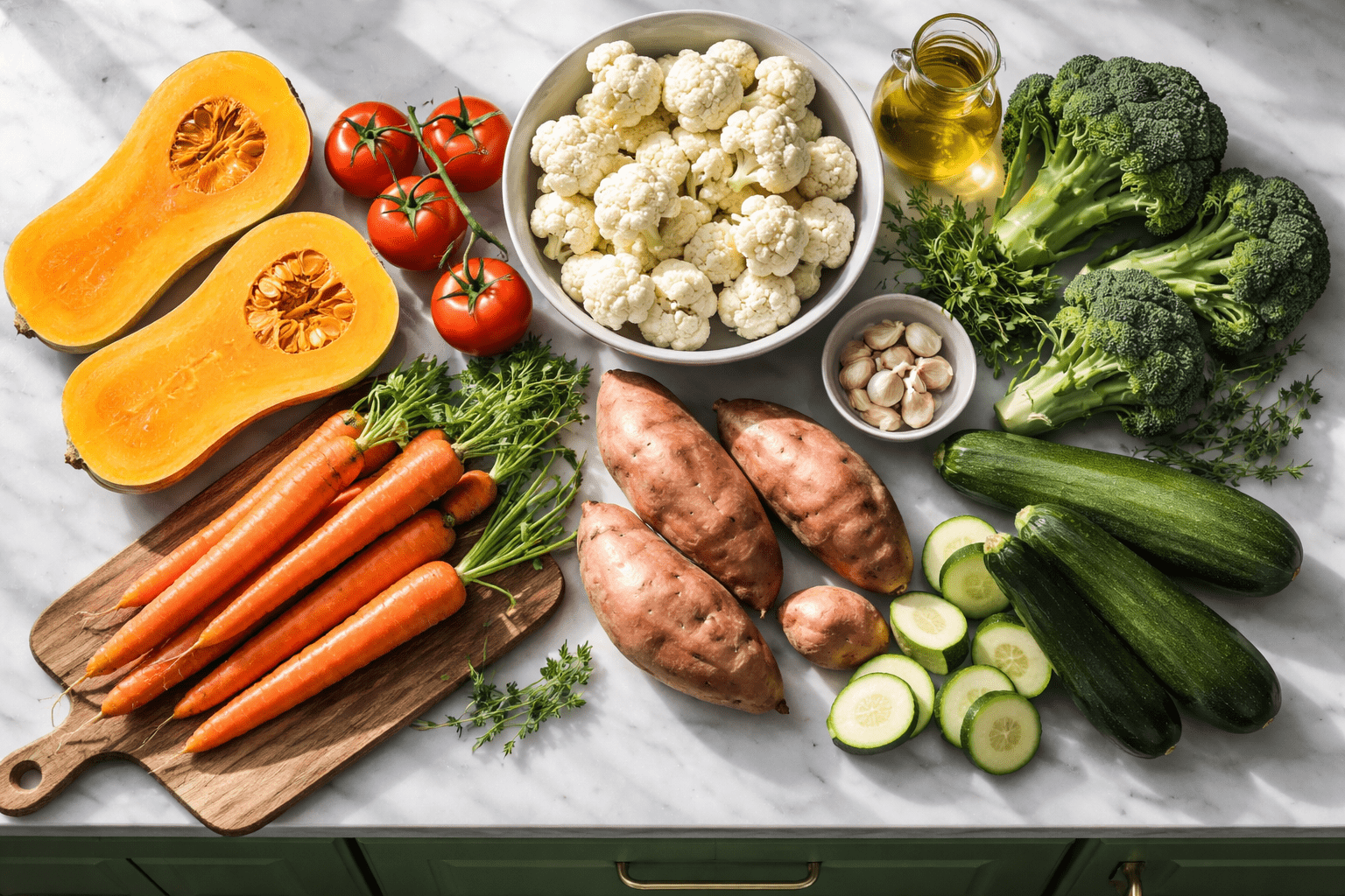 Photo-realistic overhead shot of a white marble countertop in a green-cabinet kitchen displaying neatly arranged raw vegetables ideal for blended soups—butternut squash halves, tomatoes, cauliflower florets, broccoli, carrots, sweet potatoes, and zucchini—natural window light, 50mm lens, high detail on textures and colors, soft shadows, no packaging, no readable labels, no text