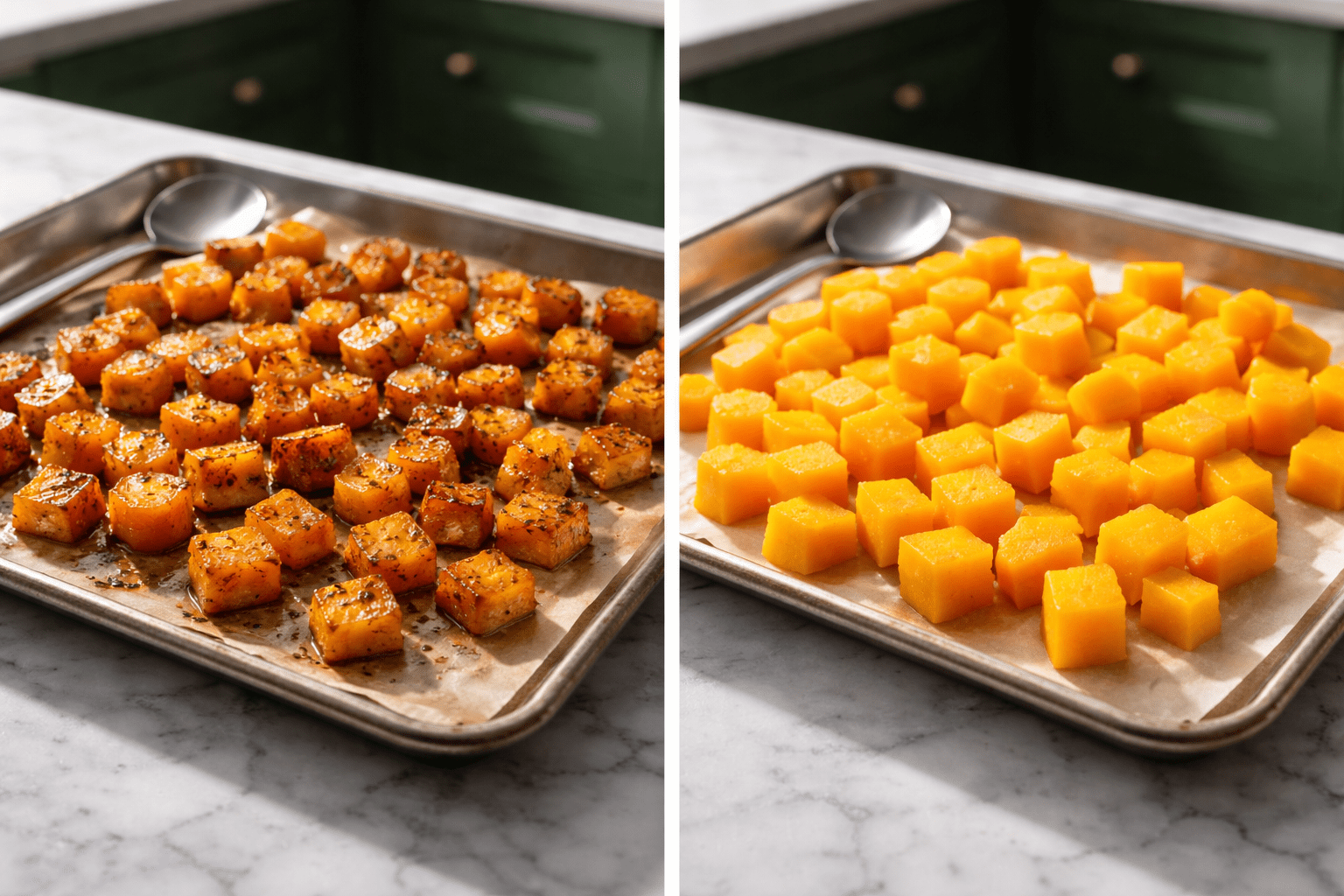 Photo-realistic side-by-side comparison on a white marble countertop in the green-cabinet kitchen: on the left a tray of roasted butternut squash cubes with caramelized golden-brown edges, on the right pale steamed squash cubes without browning, same tray style, dramatic side lighting to emphasize texture difference, 35mm lens, shallow depth of field, no text, no labels