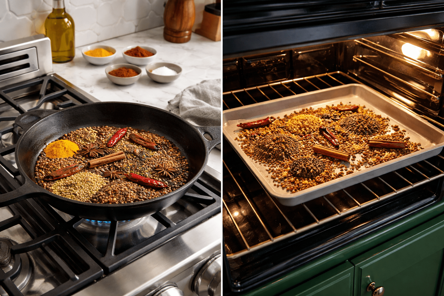 Photo-realistic side-by-side stovetop versus oven spice-toasting setup, left side a skillet on a stovetop with spices, right side a sheet pan with spices inside an oven, cohesive green-cabinet kitchen environment, white hex tile backsplash, white marble countertop, natural balanced light, no text, 24–35mm lens