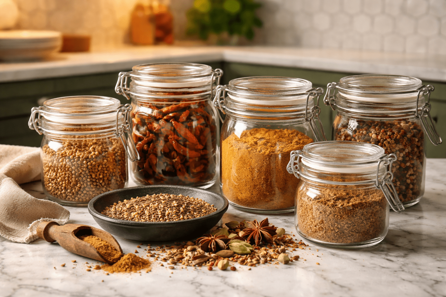 Photo-realistic still life of toasted spices cooling and stored for later, airtight glass jars with whole and ground toasted spices resting on a white marble countertop, jars unbranded and unlabeled, warm ambient kitchen light, green cabinets and white elongated hex backsplash in background blur, high texture clarity, 35mm lens