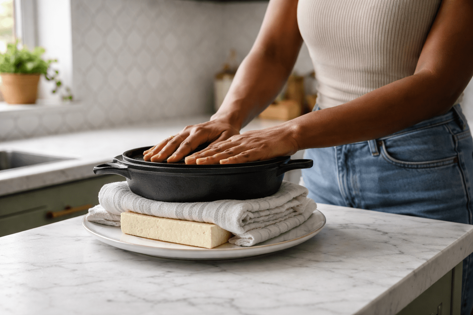 Side-angle shot of a 30-year-old dark-skinned woman (no face visible, frame from shoulders down) pressing a block of extra-firm tofu wrapped in clean kitchen towels on a plate with a heavy cast iron skillet on top, set on a white marble countertop in a green-cabinet kitchen with white elongated hex tile backsplash, soft natural window light, realistic fabric texture and slight moisture marks on towel, photo-realistic, natural color, high dynamic range, 50mm lens equivalent, shallow depth of field, no logos or text