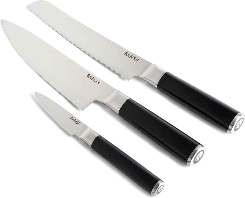 3 knife set, chef knife, serrated knife, paring knife
