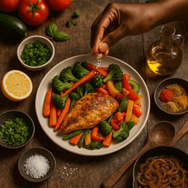 Hyperrealistic overhead flat lay photograph on a rustic wooden surface. A partially composed, colorful meal of pan-seared chicken breast with roasted vibrant vegetables (carrots, broccoli, bell peppers) is centrally located. Surrounding the plate are visual cues representing cooking techniques for flavor: a small bowl of freshly chopped bright green herbs (basil, parsley), a 30 year old female hand with dark brown skin is sprinkling white flaky sea salt over the chicken, a halved bright yellow lemon with a squeeze of juice visible, a small pan with deeply golden-brown caramelized sliced onions, a small dish of colorful mixed spices (paprika, cumin, turmeric), a bottle of golden olive oil with a drizzle, and a well-used wooden spoon resting near the pan. In the blurred background are various colorful, fresh vegetables (tomatoes, zucchini). The lighting is warm and inviting, emphasizing the textures and colors of the food and ingredients. The overall scene conveys the idea of simple techniques leading to delicious home-cooked meals.