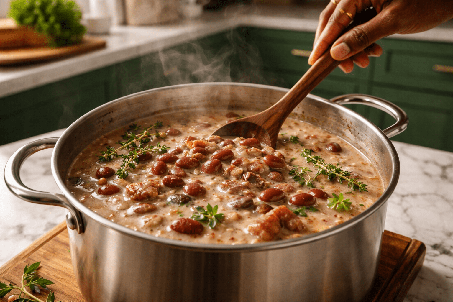 Photo-realistic close-up of a pot of Jamaican stew peas finished and glossy, red kidney beans tender in creamy coconut broth with thyme sprigs and scallions visible, steam rising, wooden spoon stirring gently by a dark-skinned woman’s hand (no face shown), set in a modern kitchen with green cabinets, white elongated hex tile backsplash, and white marble countertop, natural afternoon light, shallow depth of field, 35mm lens, high dynamic range, rich textures, appetizing and comforting mood