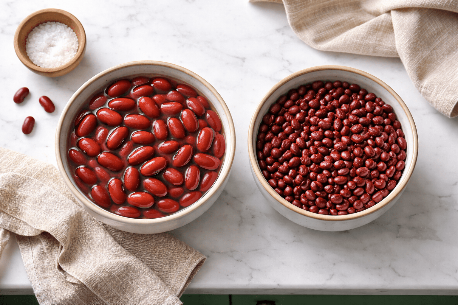 Photo-realistic overhead shot of two bowls of red kidney beans before cooking—one bowl with plump soaked beans and one with smaller unsoaked dried beans—placed on a white marble countertop in a green-cabinet kitchen, no text or labels, neutral props like a wooden bowl and linen cloth, bright natural window light, crisp detail, 50mm lens, clear visual contrast to show soaking difference, clean editorial food photography style