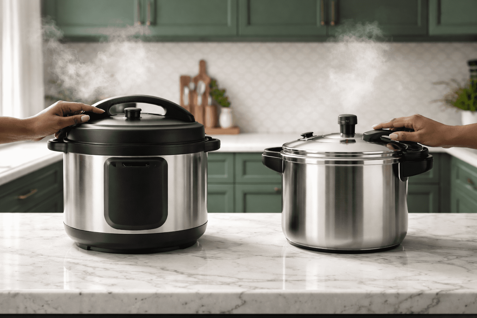 Photo-realistic side-by-side kitchen scene showing an electric pressure cooker and a stainless steel stovetop pressure cooker on a white marble countertop, lids on, no readable labels or logos, subtle steam suggesting active cooking, handled by a dark-skinned woman’s hands (no face), green cabinets and white elongated hex tile backsplash in background, even soft lighting, 24mm lens, deep focus to compare size and form, natural color, realistic reflections and steel texture