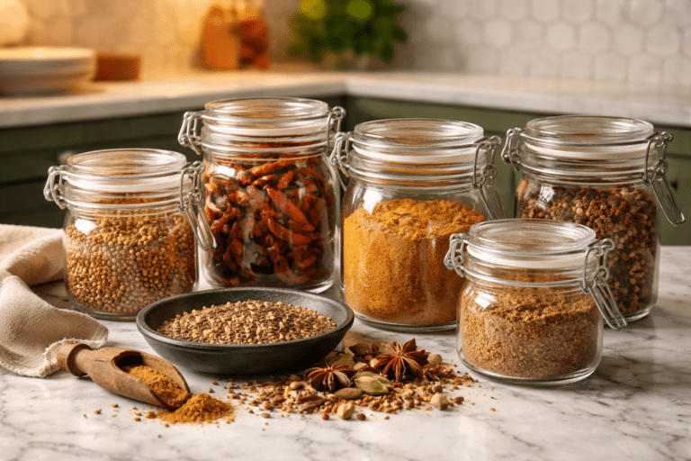 Photo-realistic still life of toasted spices cooling and stored for later, airtight glass jars with whole and ground toasted spices resting on a white marble countertop, jars unbranded and unlabeled, warm ambient kitchen light, green cabinets and white elongated hex backsplash in background blur, high texture clarity, 35mm lens