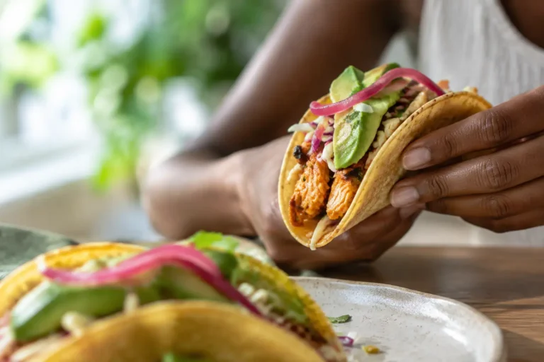 A hand lifts a chicken taco filled with cabbage, avocado, and pink pickled onions.
