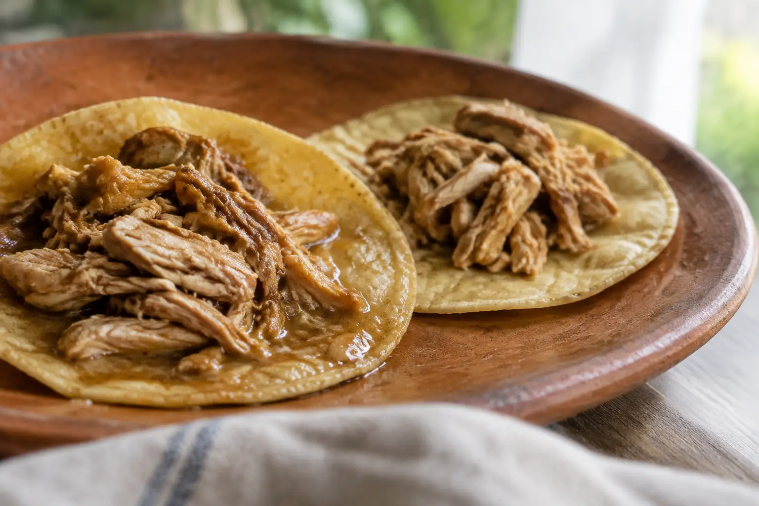 Two open chicken tacos compare a liquid-soaked tortilla with an intact tortilla holding drained filling.