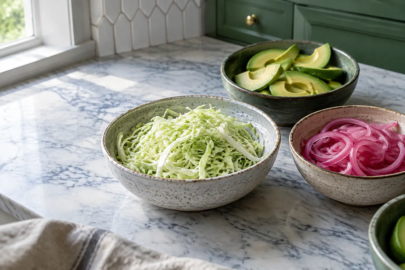 Bowls of shredded cabbage, avocado slices, and pickled onions show three contrasting taco toppings.