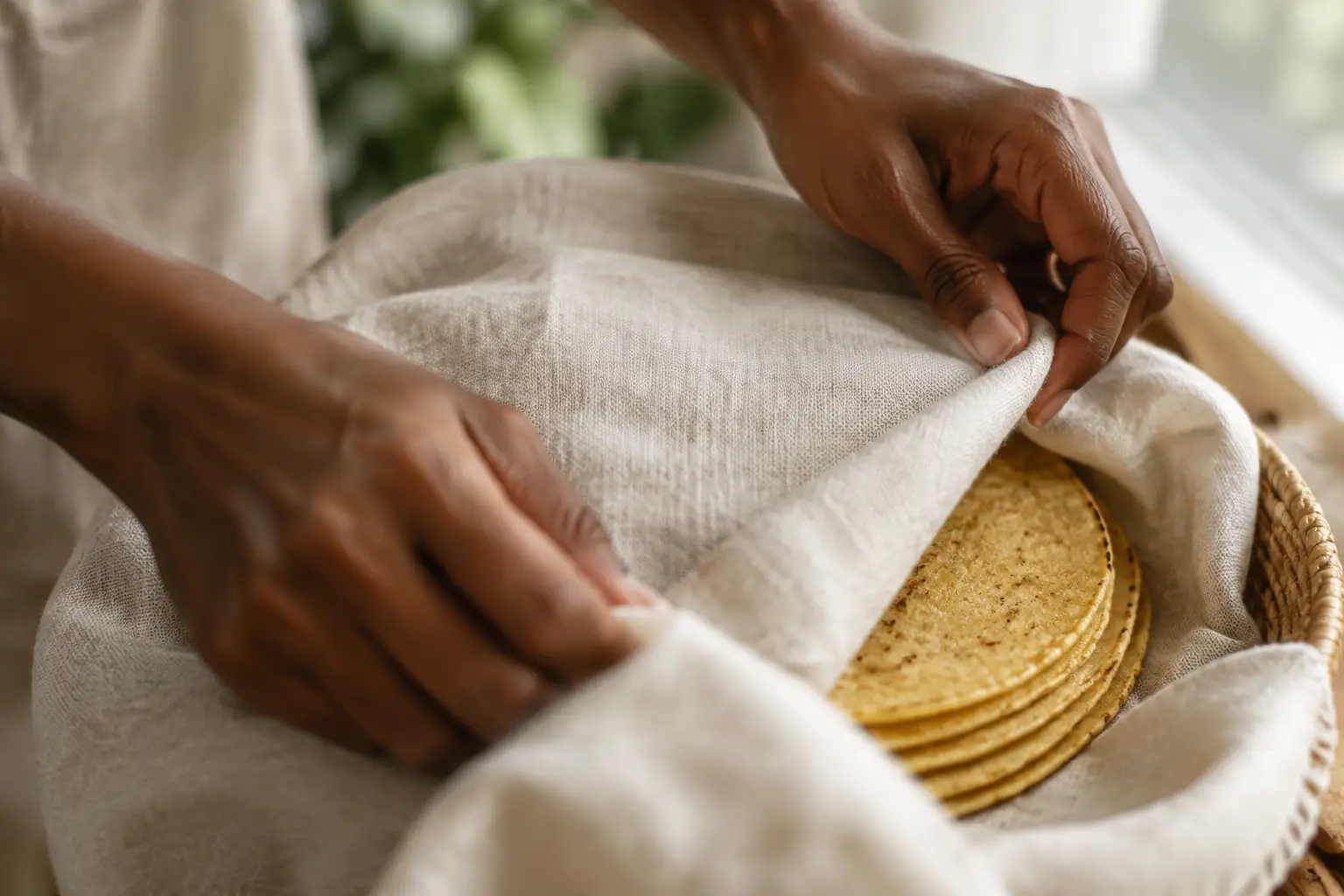 Hands fold a clean linen towel over a small stack of warm corn tortillas in a basket.