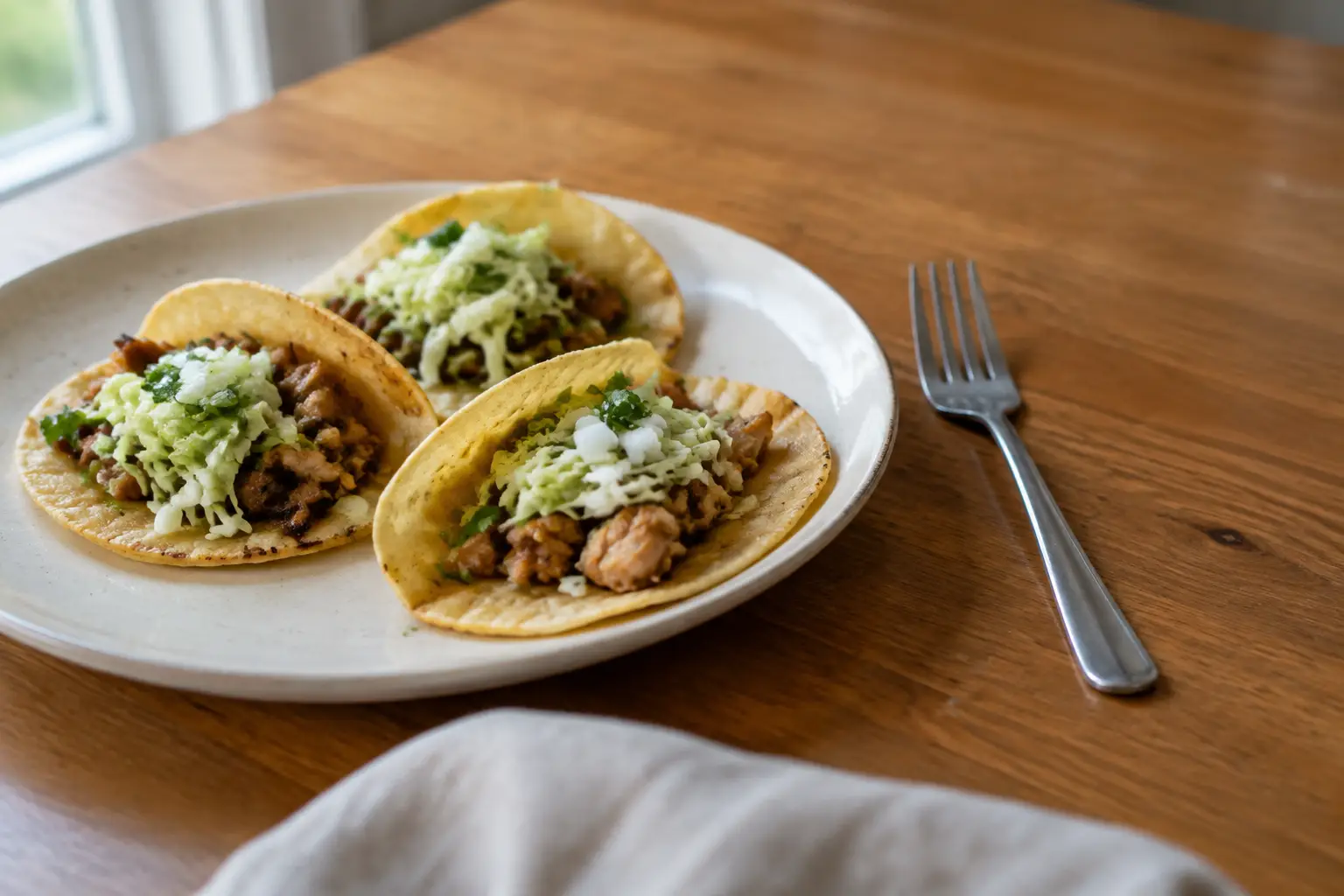 Three small filled corn tacos sit on a dinner plate beside a fork for scale.