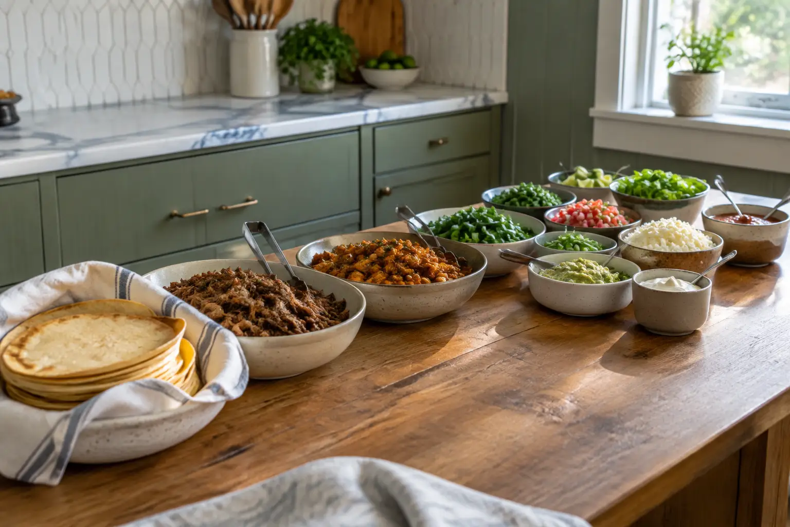 A taco buffet places tortillas first, warm fillings next, and cool toppings and sauces at the far end.
