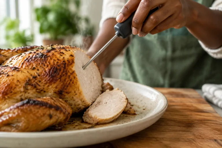 Instant-read thermometer checking the thick breast of a golden roast chicken beside a juicy carved slice.