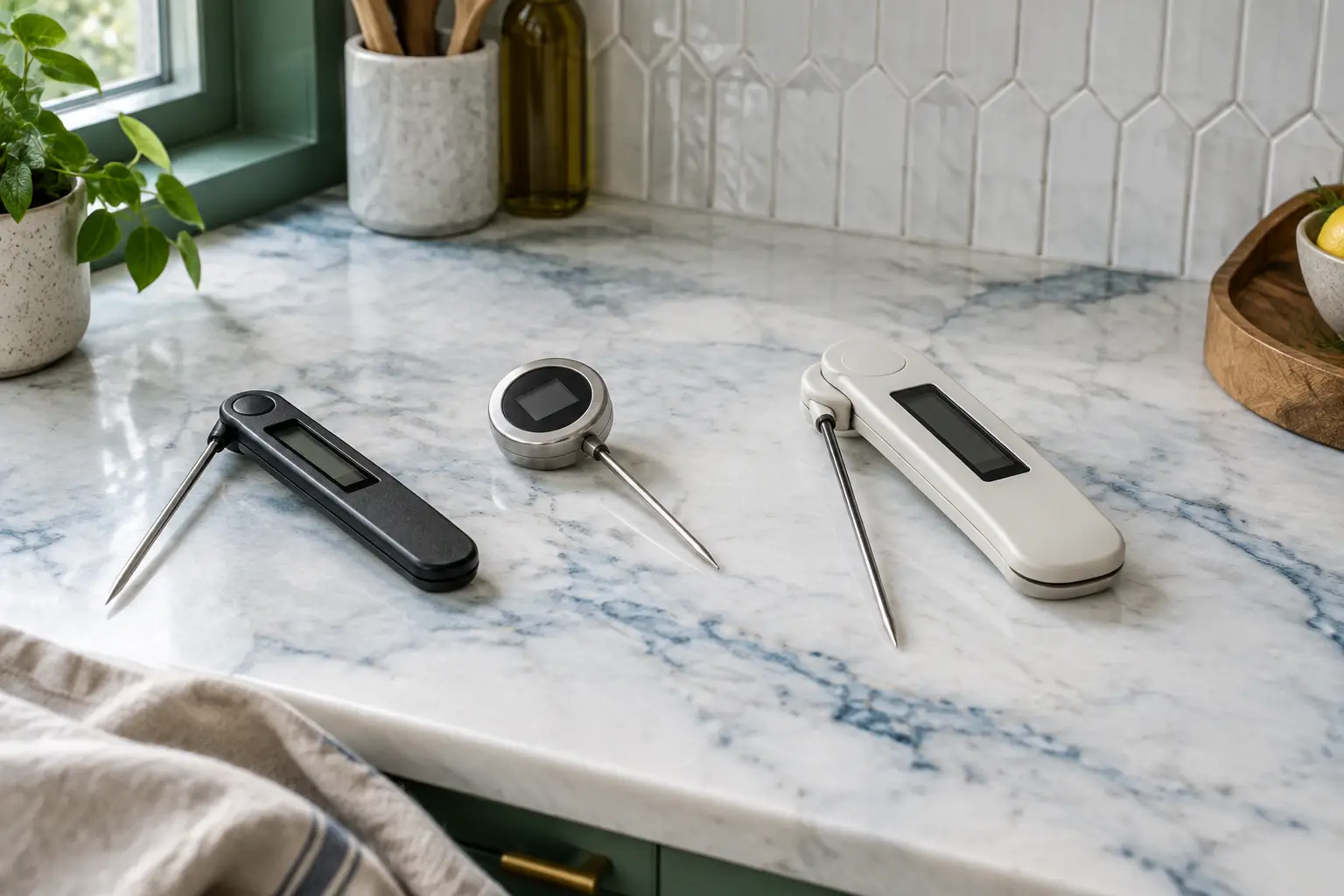 Slim folding, round fixed-probe, and broad folding thermometers compared on a kitchen counter.