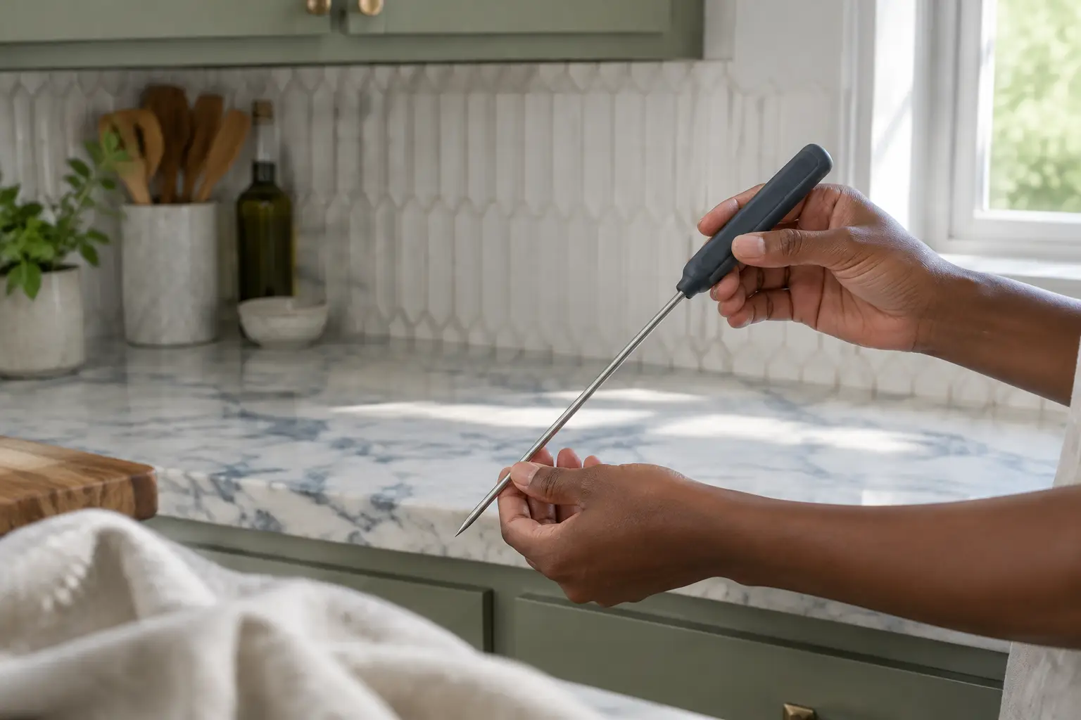 Extended instant-read thermometer held in one hand, showing handle size and probe length.