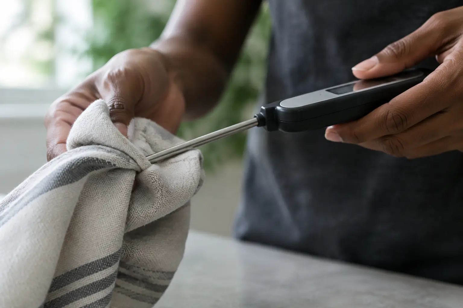 Hands wiping a thermometer’s metal probe with a damp cloth while keeping the handle clear.