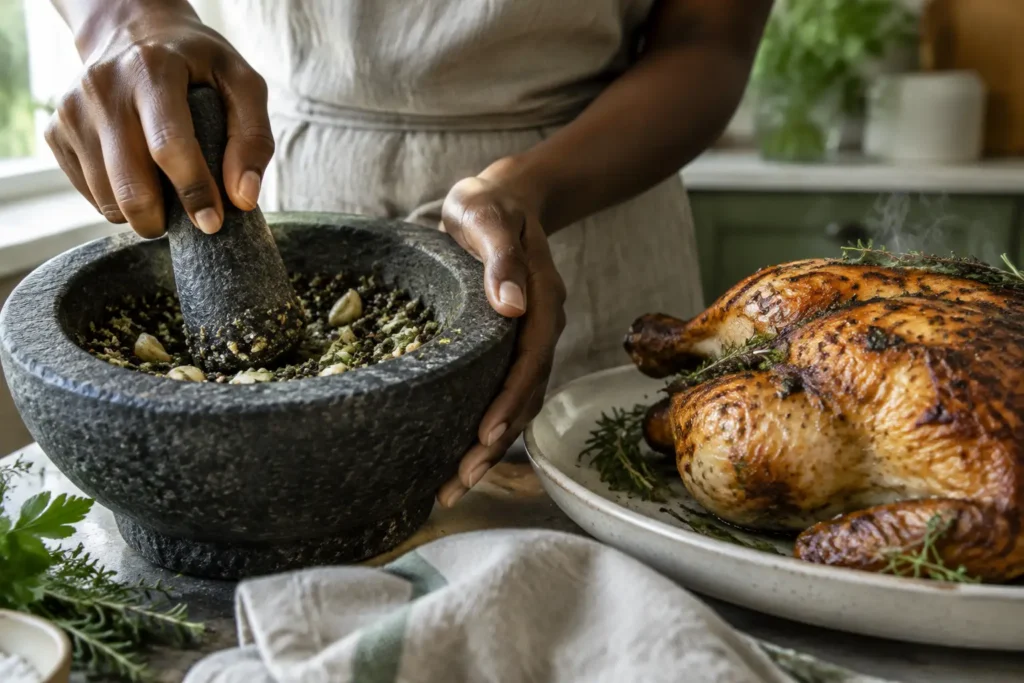 Granite pestle crushing pepper, garlic, and herbs beside steaming golden roast chicken.