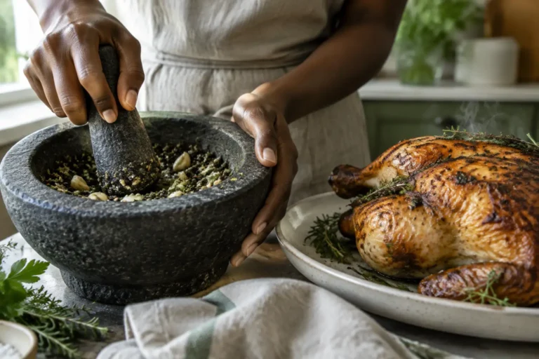 Granite pestle crushing pepper, garlic, and herbs beside steaming golden roast chicken.
