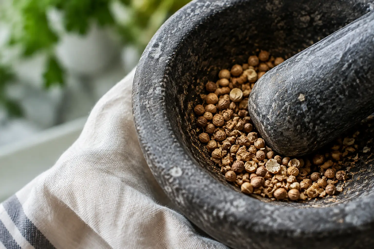 Rough granite mortar interior holding partially cracked coriander beneath a broad-ended pestle.