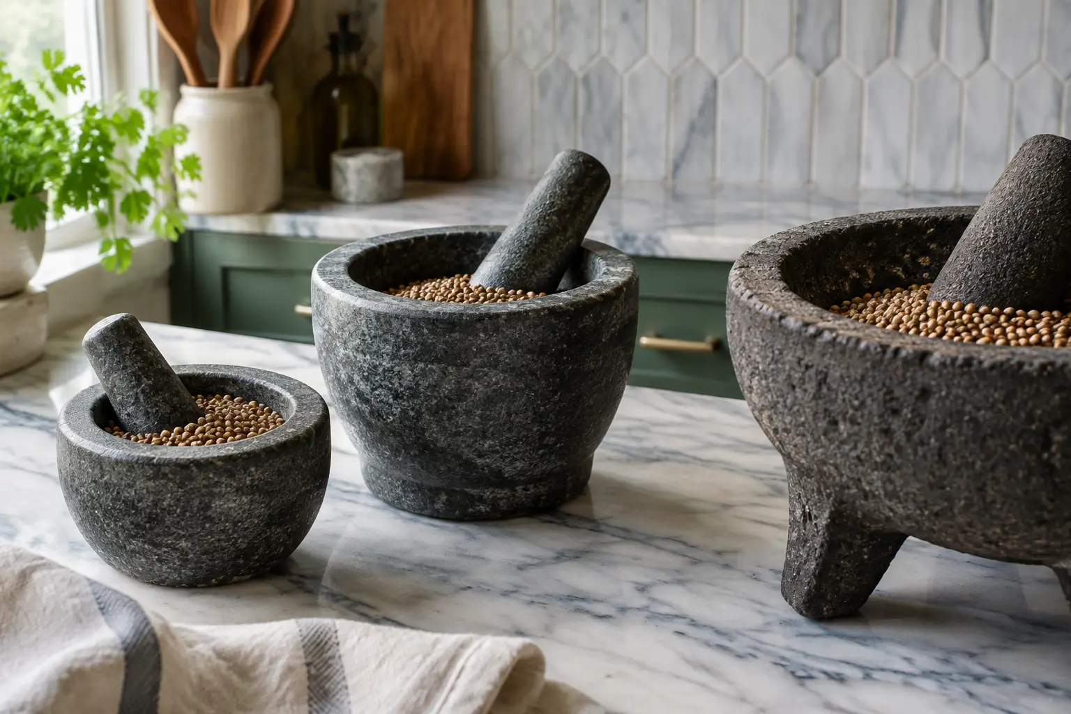 Compact granite mortar, deeper granite mortar, and roomy footed molcajete shown together with coriander.