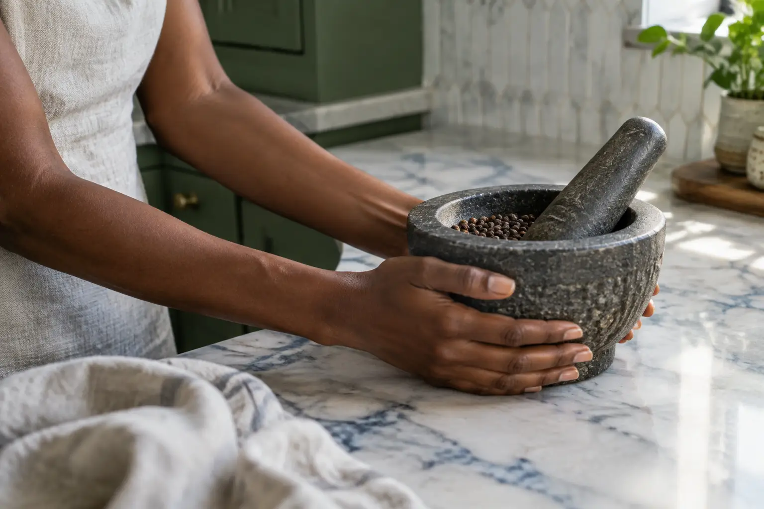 Two hands support a substantial granite mortar containing peppercorns, showing its size against the palms.