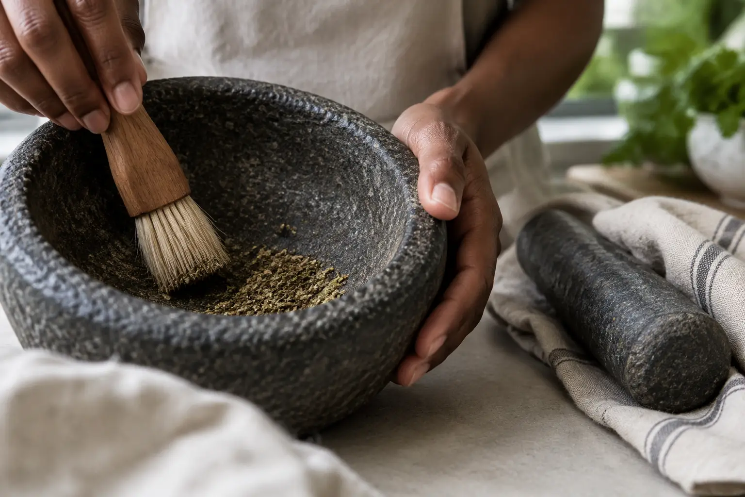 Natural-bristle brush gathering dry coriander residue inside a granite mortar.