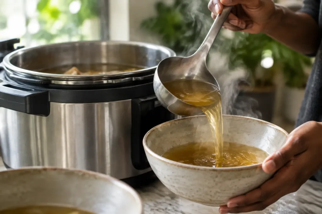 A ladle pours steaming amber bone broth from an open electric pressure cooker into a bowl.