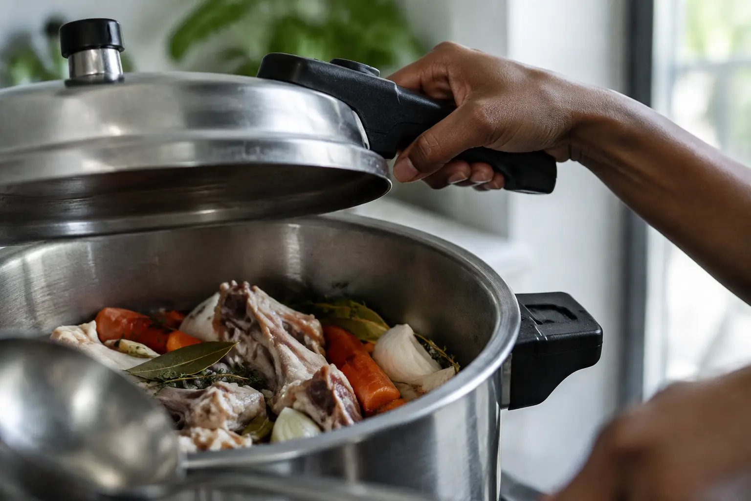 A hand grips a detached pressure-cooker lid above a pot containing chicken bones and aromatics.