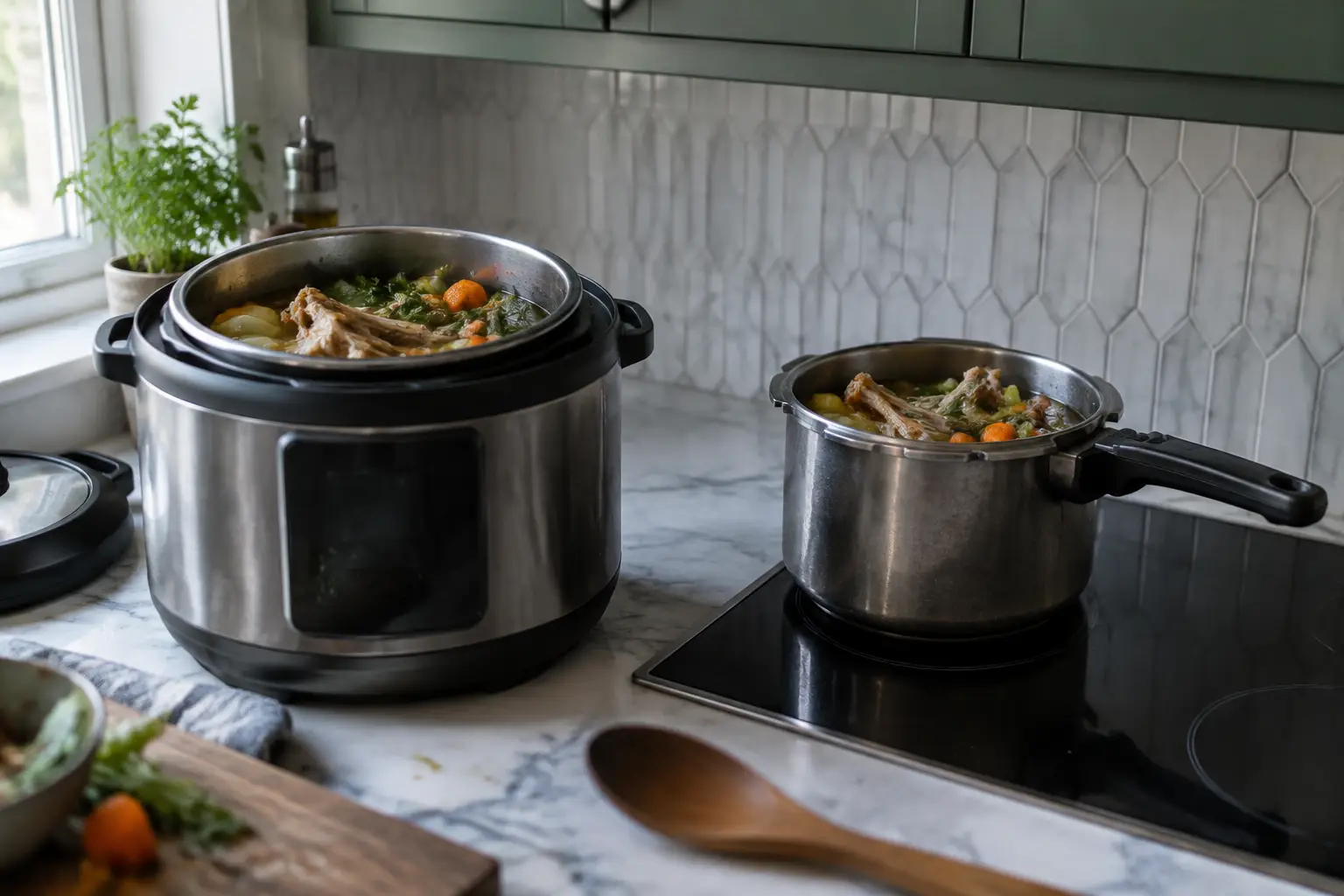 Open electric and stovetop pressure cookers show their different bases and handles beside broth ingredients.