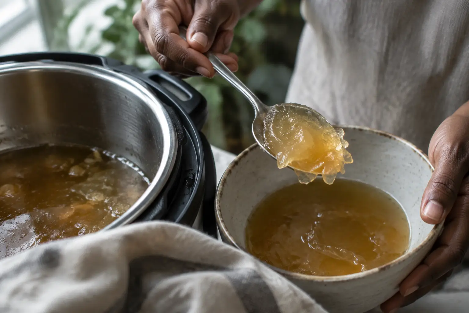 A spoon lifts a soft mound of chilled amber broth from a bowl beside an open pressure cooker.