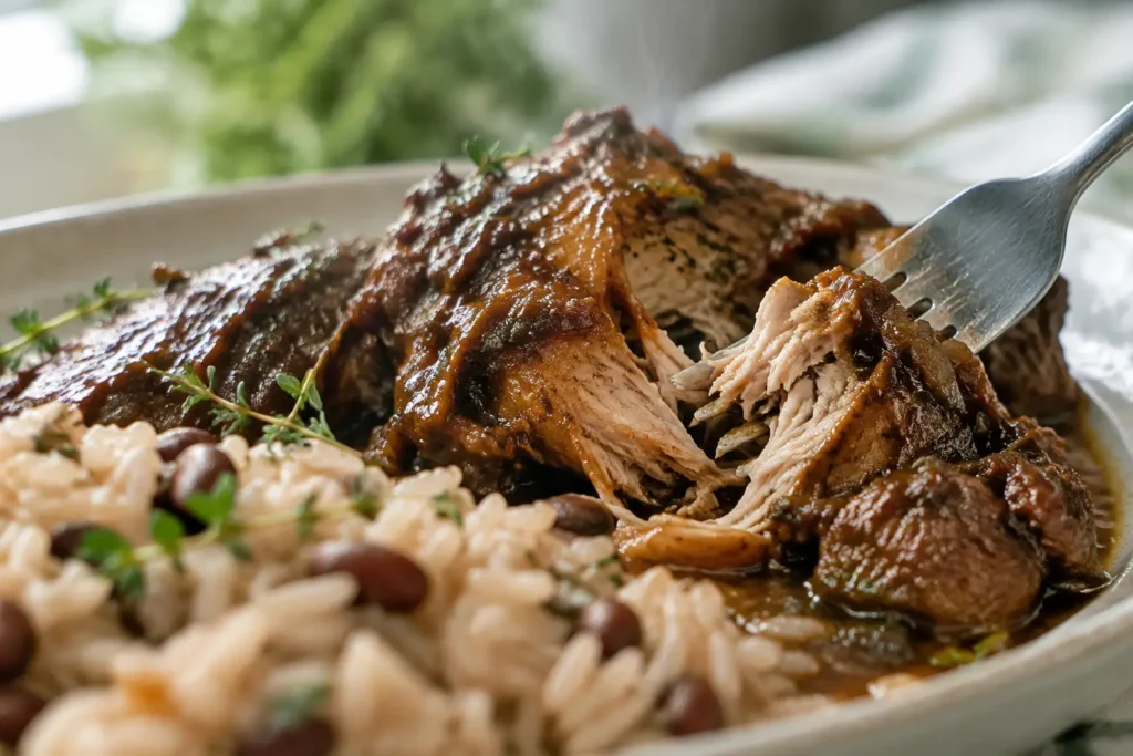 Fork pulling apart Jamaican brown stew chicken with clinging gravy beside rice.