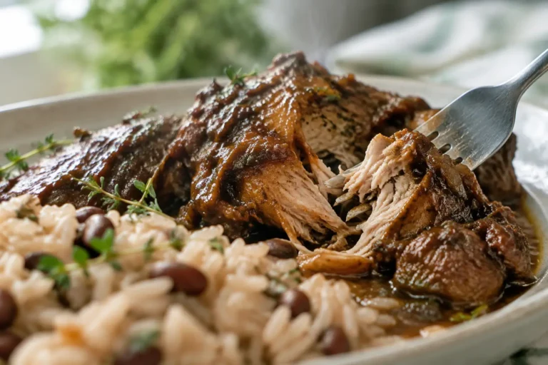 Fork pulling apart Jamaican brown stew chicken with clinging gravy beside rice.