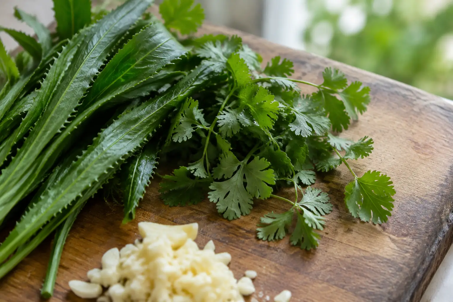 Long, saw-edged culantro leaves beside smaller, lobed cilantro leaves on a wooden board.