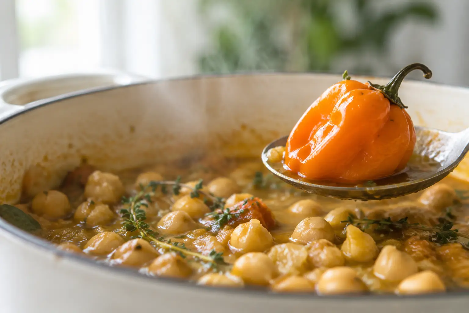 Whole Scotch bonnet supported in a spoon as it is lifted from chickpea stew.